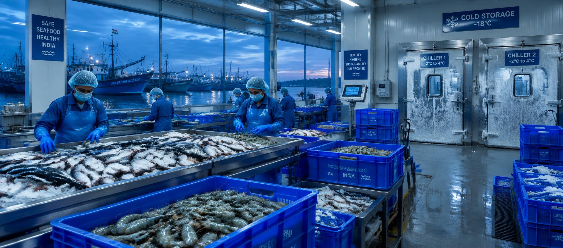 Jeelani Marine seafood processing line with cold storage chambers at a coastal harbour
